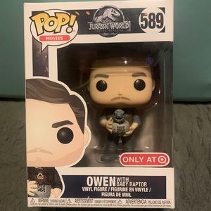 Funko pop collectible Jurassic world Owen with baby raptor